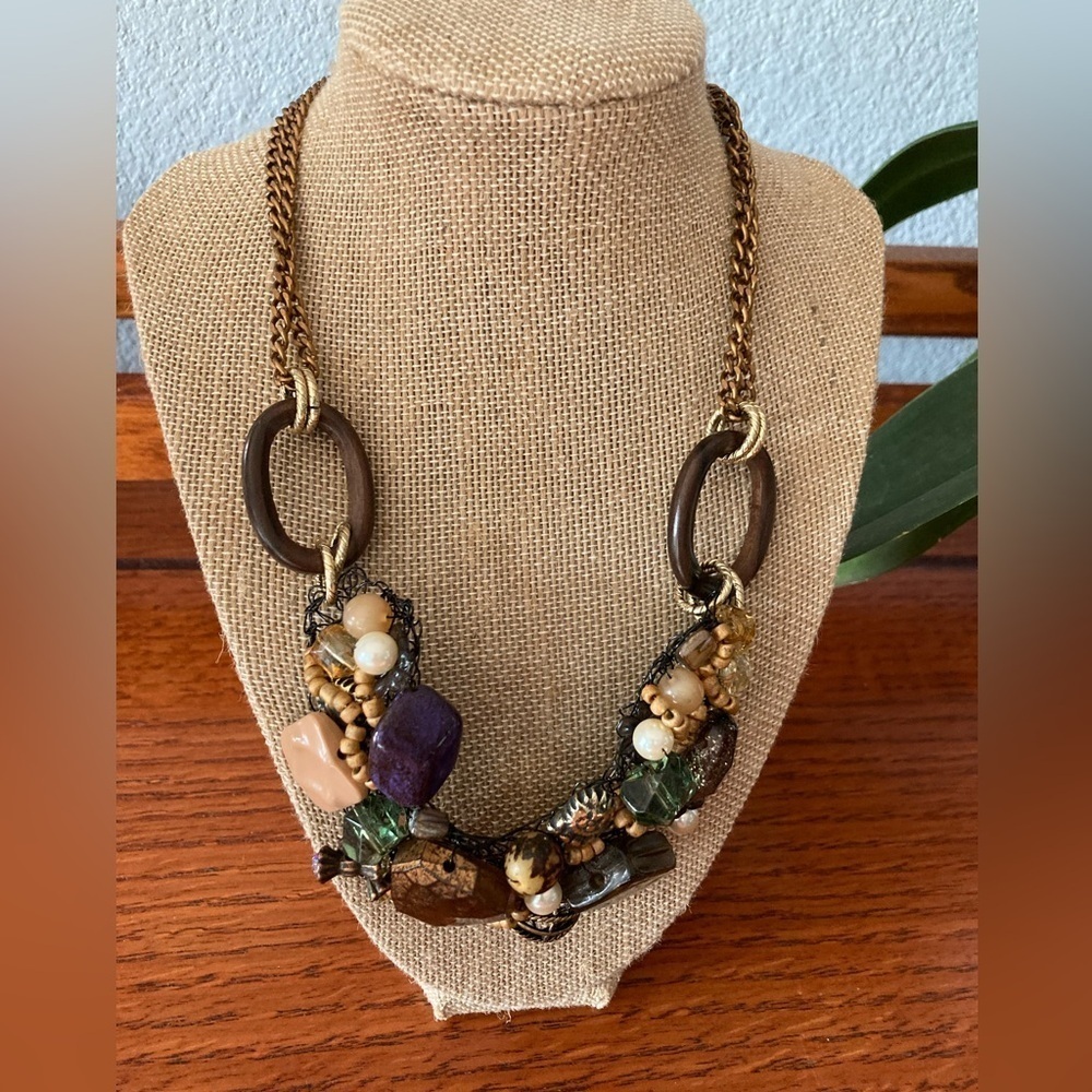 Handcrafted Vintage Boho Made in Italy Wire Wrap Necklace Stones Metal